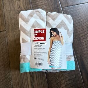 Simple By Design Womens Bath Wrap Gray Chevron Turquoise Trim 100% Cotton NWT